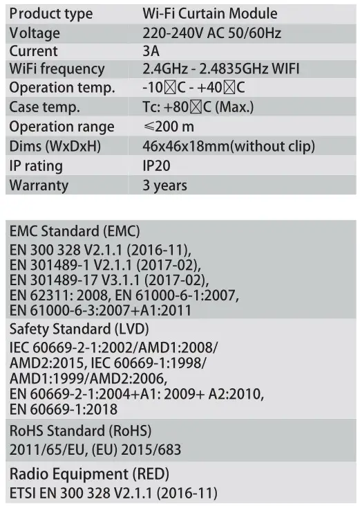 expert4house QS-WIFI-C01 WiFi Curtain Module - TECHNICAL SPECIFICATIONS