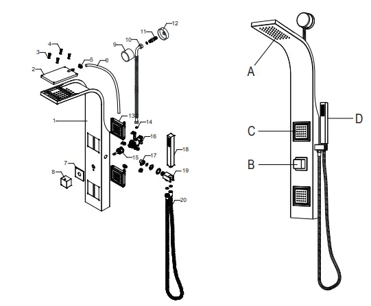 ANZZI Aura Shower Panel - PARTS LIST