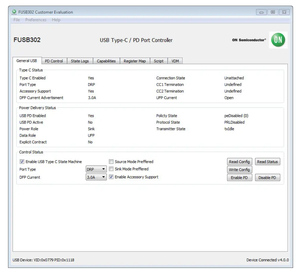 Figure 4. Initial Page of FUSB302GUI