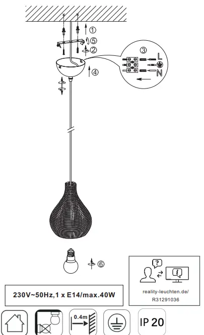TRIO R31291002 Suspended Ceiling Lamp Sprout 1x40W 1