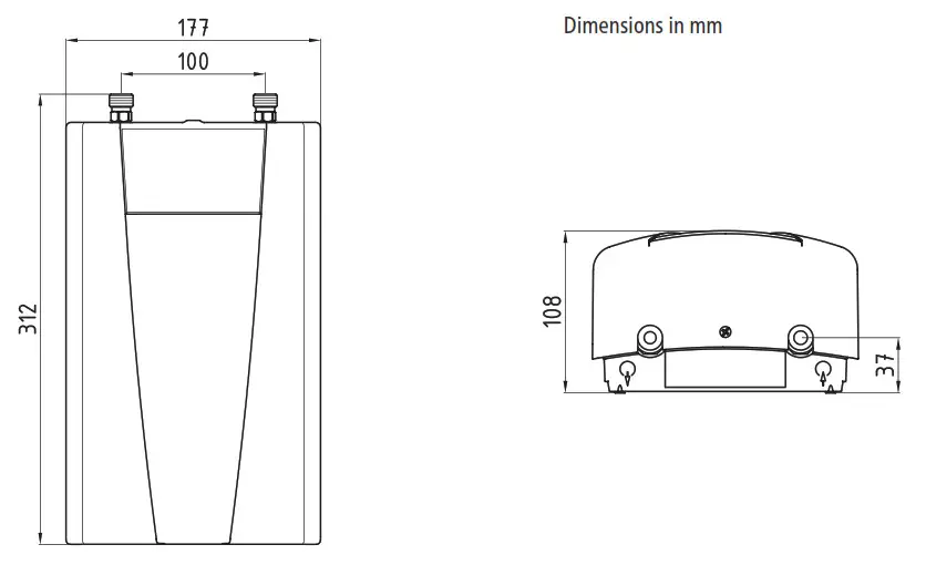 CLAGE CEX U E Compact Instant Water Heater- Dimensions