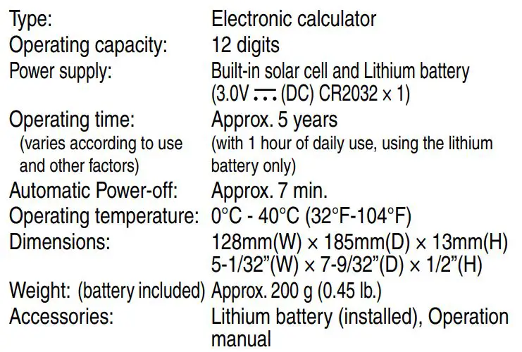 Sharp EL-340W ELECTRONIC CALCULATOR Instruction Manual - SPECIFICATIONS