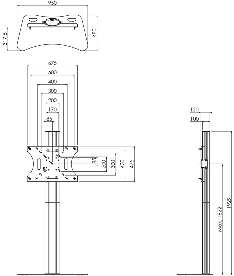 062.1040 65Inch Fully Divisible Stand Dimensions