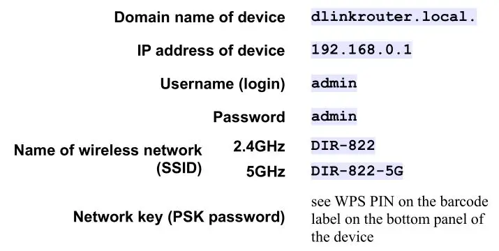 D-Link DIR-822 AC1200 Wave 2 WiFi Router - Default Settings