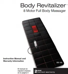 Homedics VM-180 Body Revitalizer 8 Motor Full Body Massager Instruction Manual and Warranty Information
