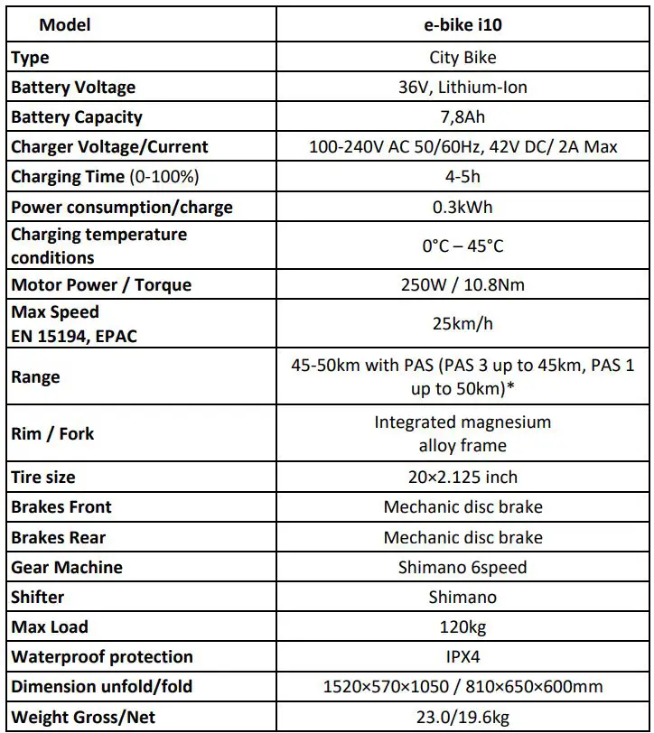 MS ENERGY e-Bike i10 Electric Bike Instruction Manual - Technical Specifications