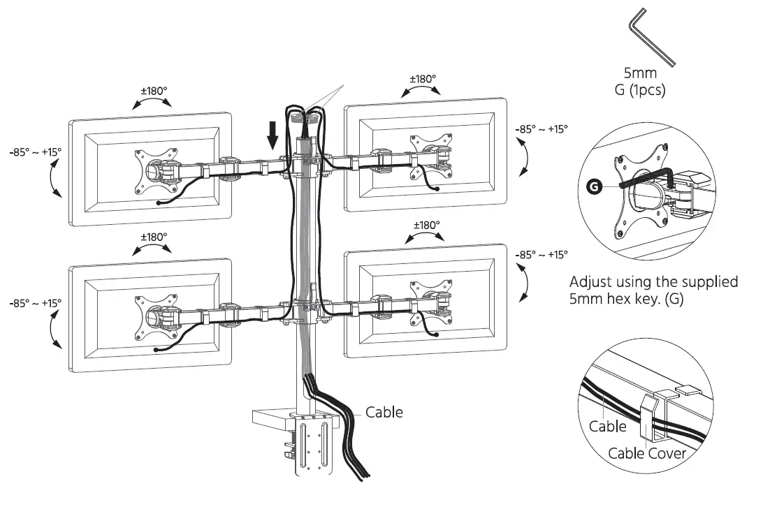 MONOPRICE 16248 Essential Quad Monitor Articulating Arm Desk Mount 6