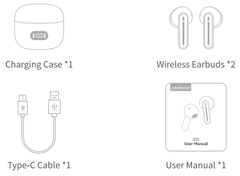 CAPOXO H06 Wireless Earbuds - packing list