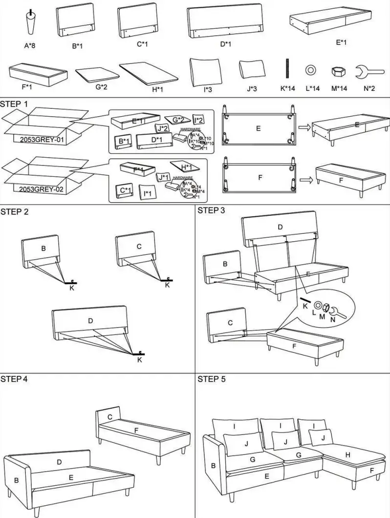 THE HOME DEPOT HD2053GREYDM 92 32 Inch W Square Arm Polyester L Shaped Modern Sectional Sofa