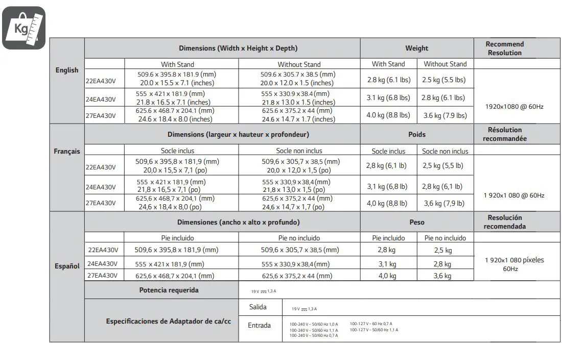 LG 22EA430V LED LCD Monitor User Manual - KG
