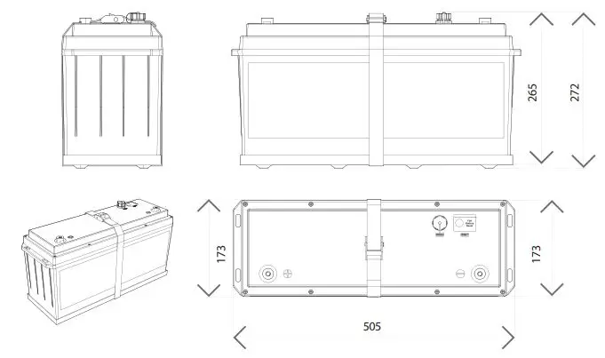 Enerdrive EPL-100BT-12V-SLIM B-TEC 100Ah 12V LiFePO4 Slim Case Lithium Battery Owner’s Manual - DIMENSIONS WITH STRAP & TRAY