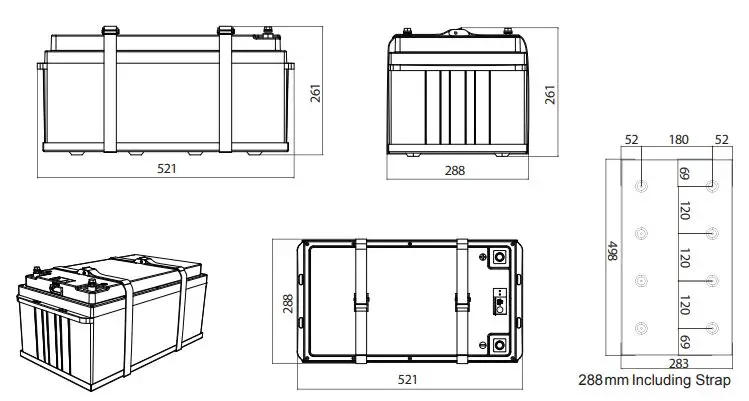 Enerdrive EPL-100BT-12V-SLIM B-TEC 100Ah 12V LiFePO4 Slim Case Lithium Battery Owner’s Manual - DIMENSIONS WITH STRAP & TRAY