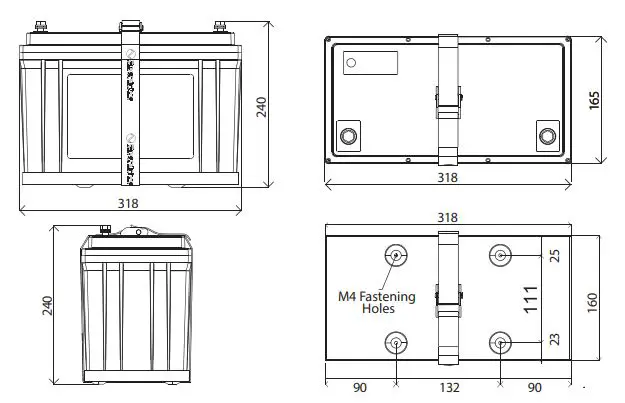 Enerdrive EPL-100BT-12V-SLIM B-TEC 100Ah 12V LiFePO4 Slim Case Lithium Battery Owner’s Manual - DIMENSIONS WITH STRAP & TRAY