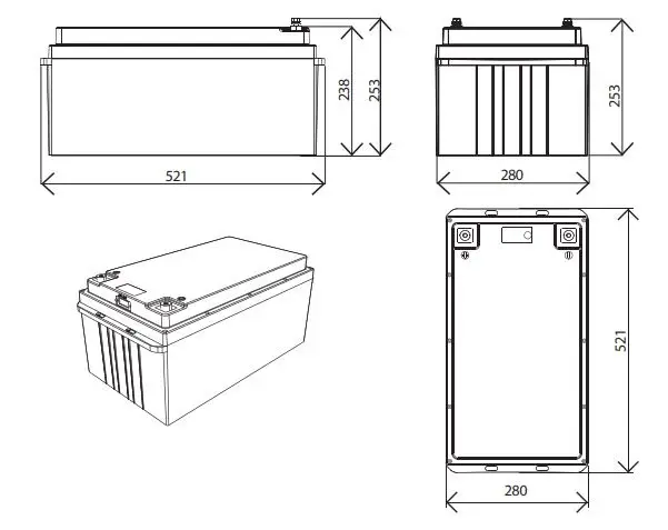 Enerdrive EPL-100BT-12V-SLIM B-TEC 100Ah 12V LiFePO4 Slim Case Lithium Battery Owner’s Manual - DIMENSIONS WITHOUT STRAP & TRAY