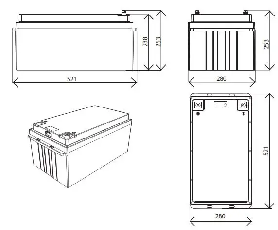 Enerdrive EPL-100BT-12V-SLIM B-TEC 100Ah 12V LiFePO4 Slim Case Lithium Battery Owner’s Manual - DIMENSIONS WITHOUT STRAP & TRAY