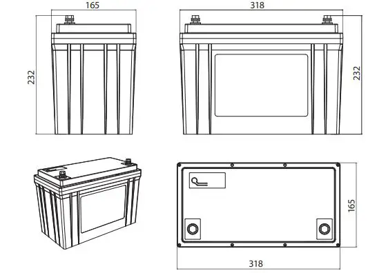 Enerdrive EPL-100BT-12V-SLIM B-TEC 100Ah 12V LiFePO4 Slim Case Lithium Battery Owner’s Manual - DIMENSIONS WITHOUT STRAP & TRAY