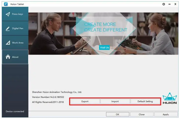 HUION WH1409 V2 Wireless Pen Tablet - Data Export and Import