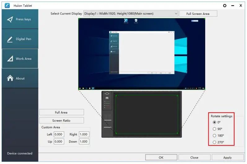 HUION WH1409 V2 Wireless Pen Tablet - Rotate Working Area