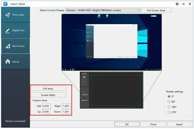 HUION WH1409 V2 Wireless Pen Tablet - Working Area Setting
