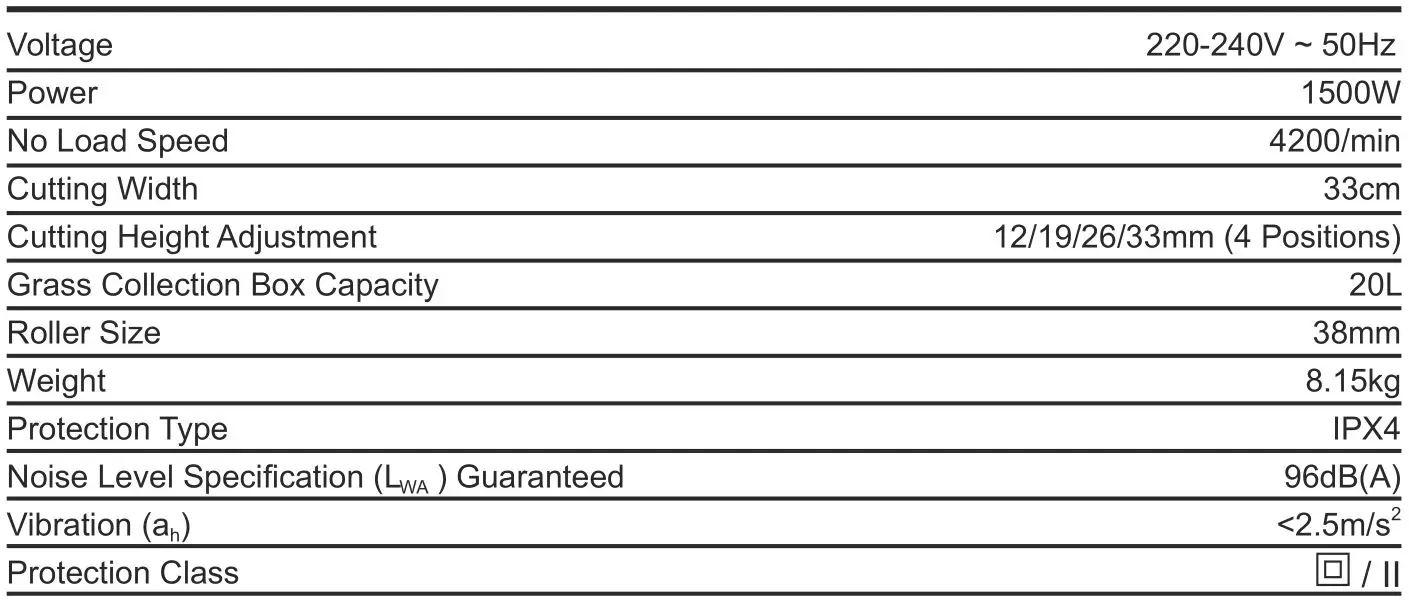 LawnMaster MEH1533 33cm 1500W Electric Hover Mower - TECHNICAL DATA