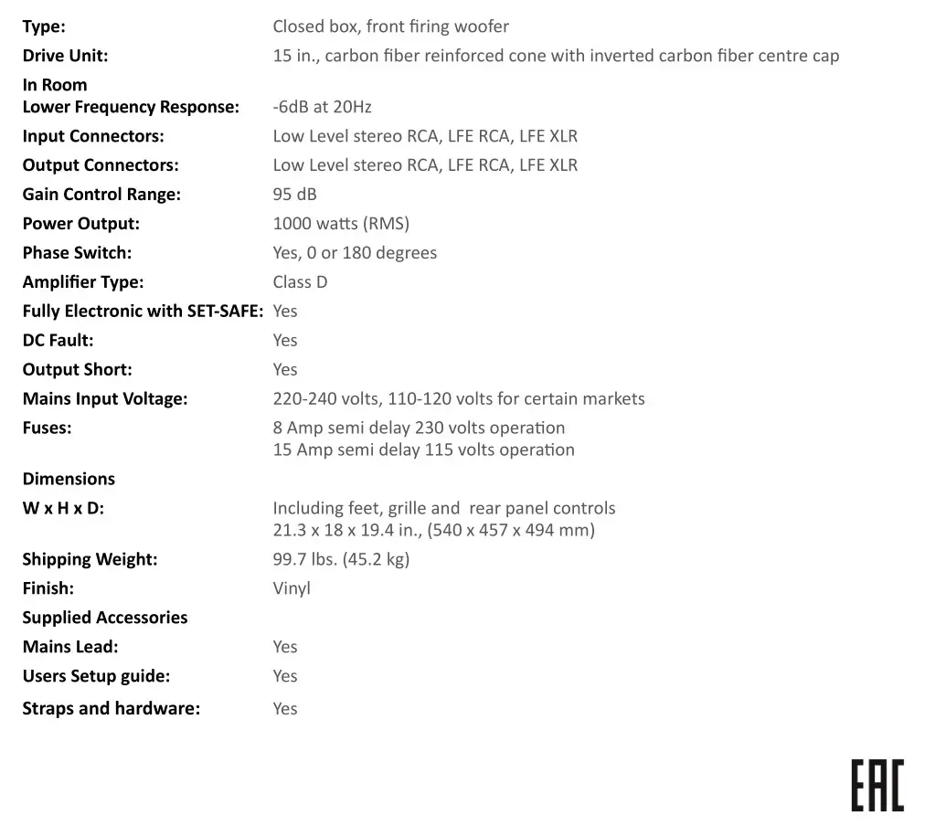 REL ACOUSTICS HT1510 Predator Sub-Bass System - HT 1510 Predator Specifications