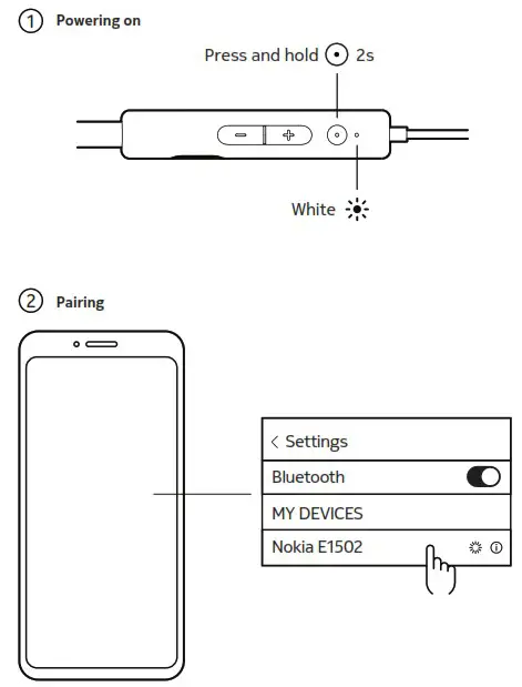 NOKIA E1502 Essential Wireless Earphones - Powering on & Pairing