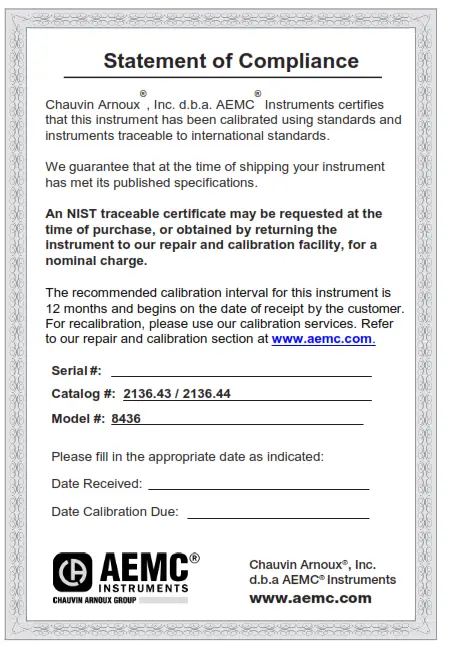 AEMC 8436 PowerPad Power Quality Analyzer - sartficate