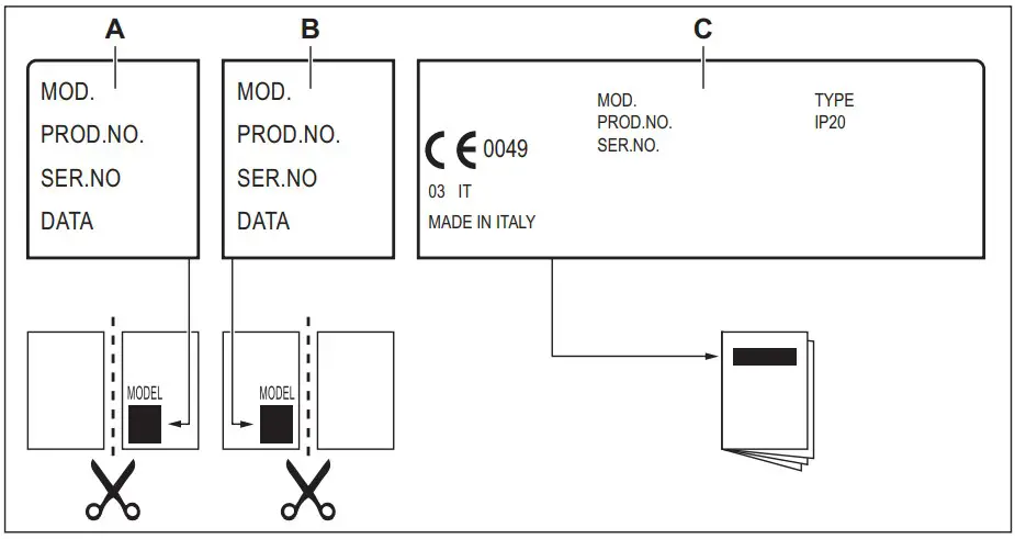 Labels supplied with the
accessories bag
Stick the adhesive labels as indicated below: