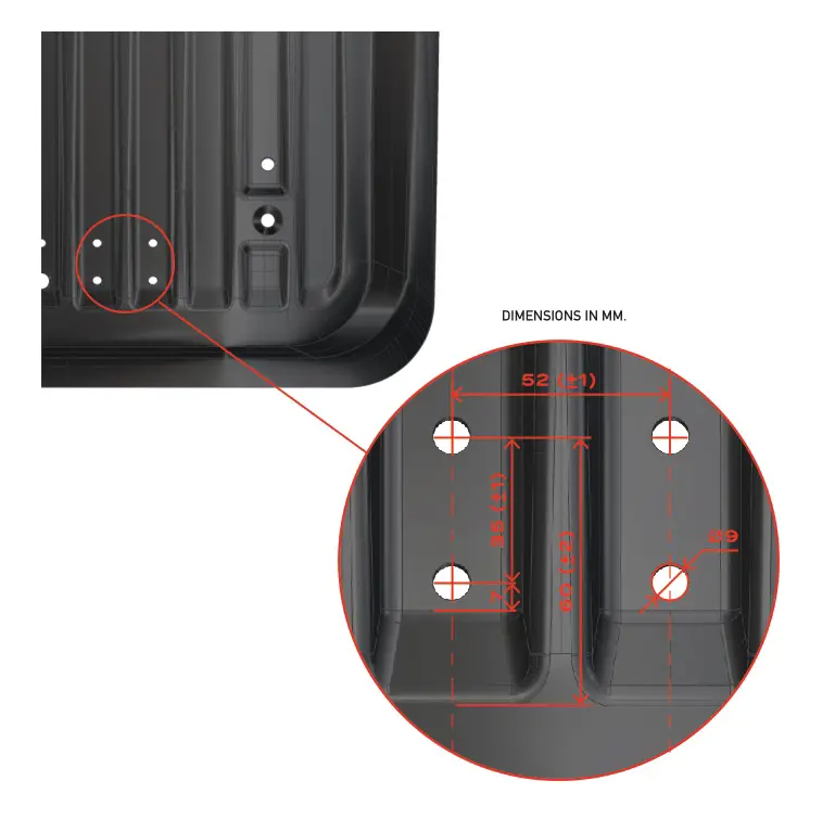 TRIOBIKE Boxter Cargo Bike for 4 Kids - With a 9mm tip, drill 4 holes as shown in the picture. They have to stay in the middle of the flat part between the fins