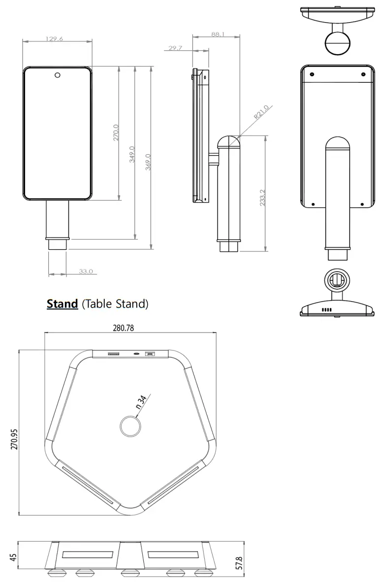 HITACHI HLTTEBF1 Access Control Terminal with Thermal Sensing - Product Drawing 1