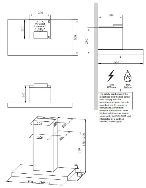 kleenmaid RHSC61 60cm Wall Mounted Canopy Rangehood- Dimensions