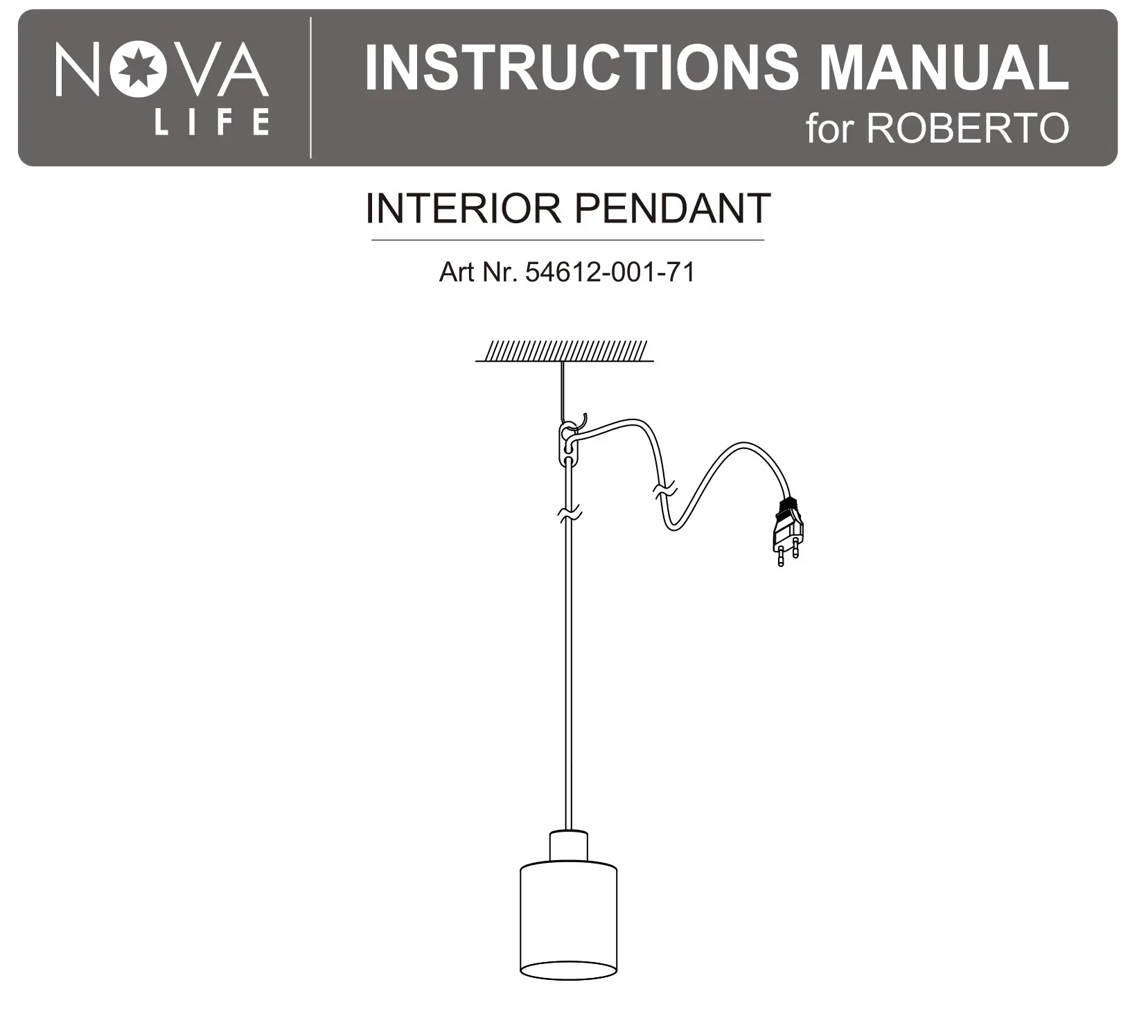 NOVA LIFE 54612-001-71 Interior Pendant Instruction Manual