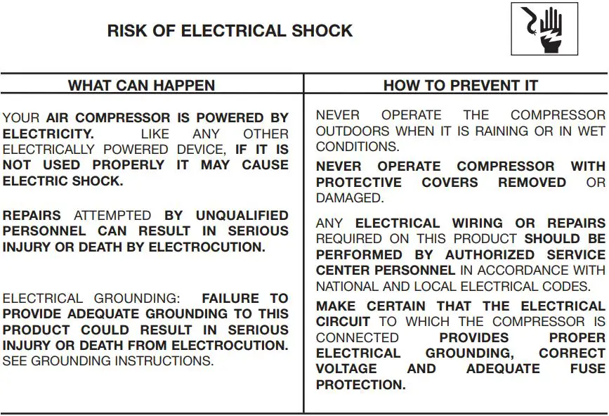 CRAFTSMAN 919.725500 Permanently Lubricated 2-Stage Twin V Portable Air Compressor User Manual - HAZARD