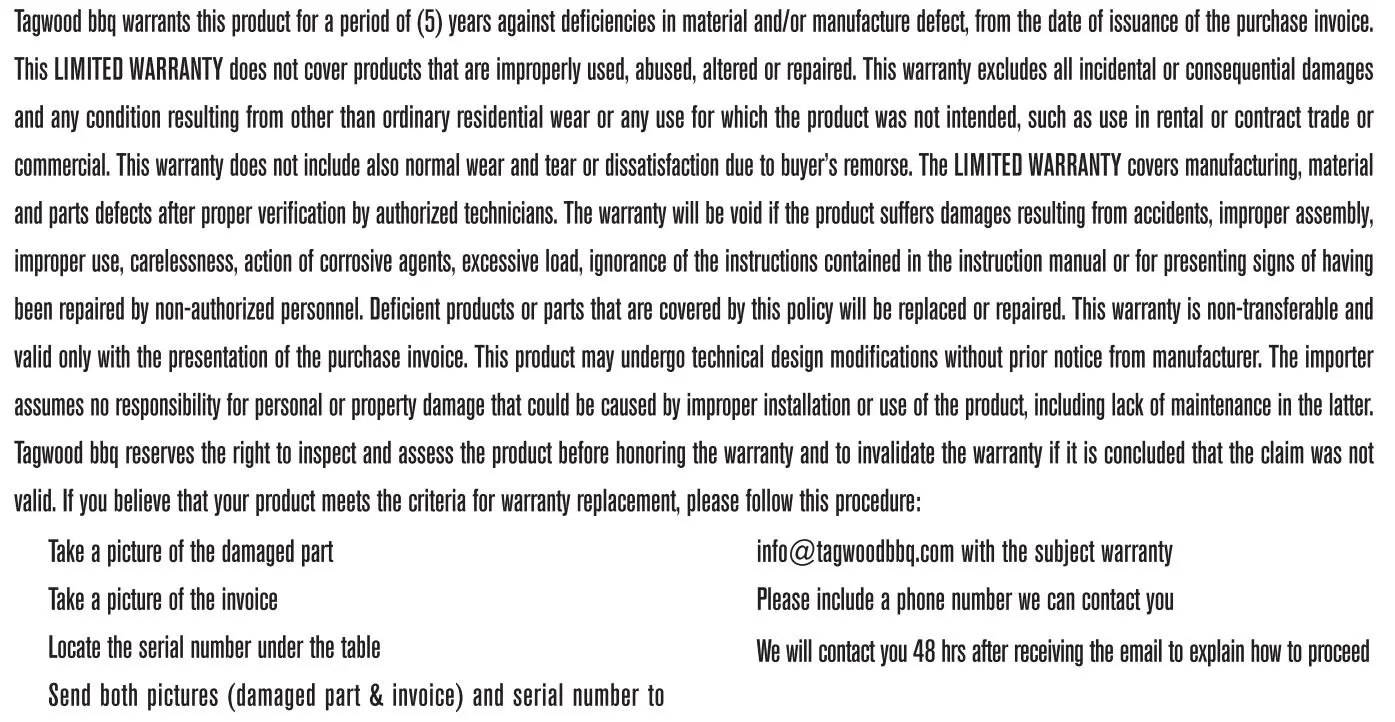TAGWOOD BBQ BBQ02SI Wood Fire and Charcoal Grill User Manual - Limited Warranty Certificate