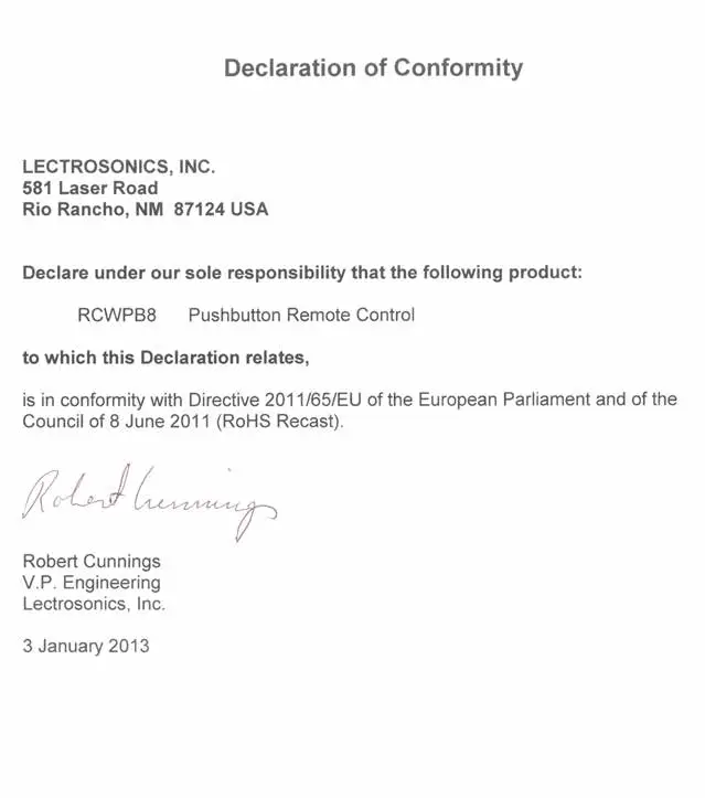 LECTROSONICS RCWPB8 Push Button Remote Control