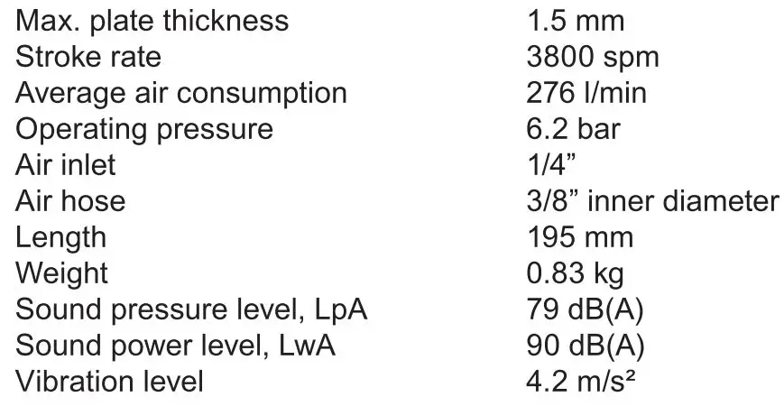 MEEC TOOLS 017081 Nibbler Instruction Manual - Technical Data