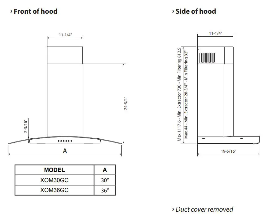 XOM30GC Wall Mount Chimney Range Hood Instruction Manual - DIMENSIONS