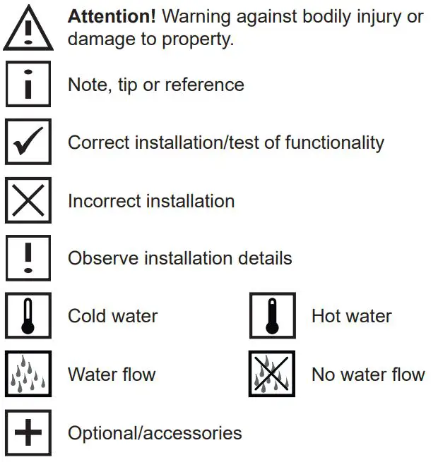KEUCO 59549 IXMO 3-Way Stop and Diverter Valve Instruction Manual - Symbols and explanations