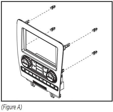 1. Attach (4) panel clips provided on to the radio trim panel. (Figure A) 2. For models with heated seats: Clip in the heated seat buttons. (Figure B) For models without heated seats: Clip in the blank panels. (Figure B)