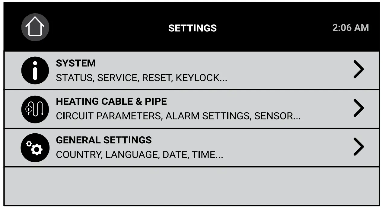 Settings menu