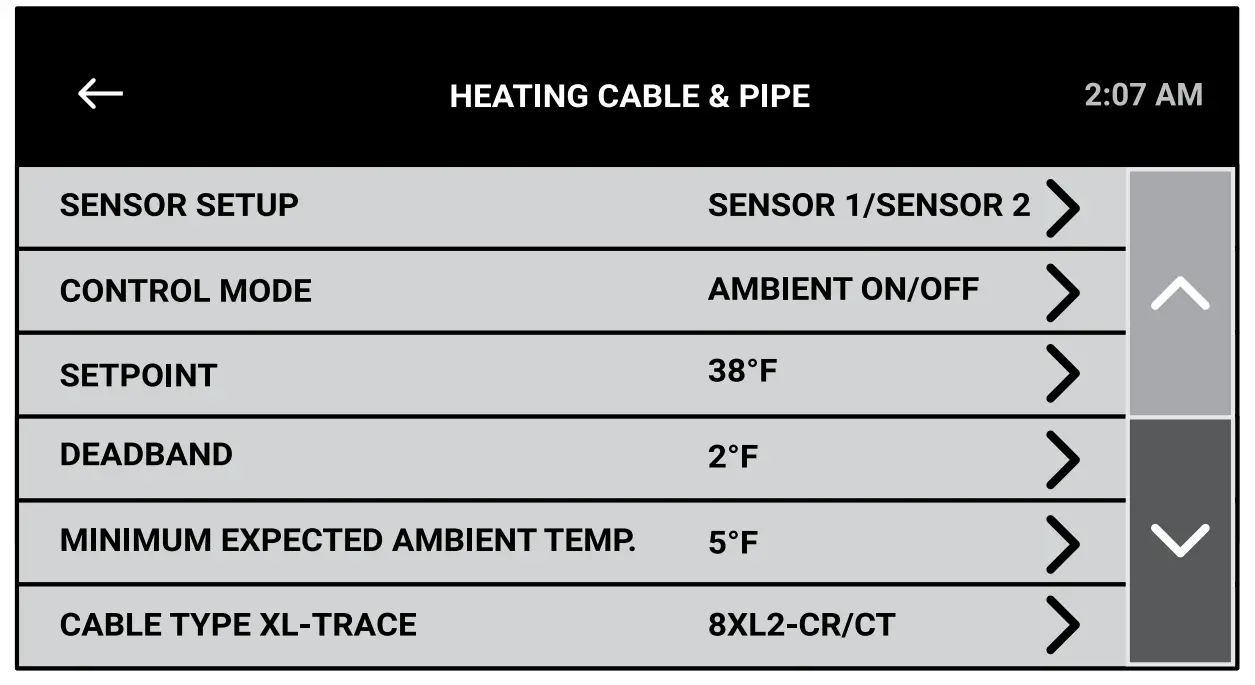 Heating cable and pipe menu