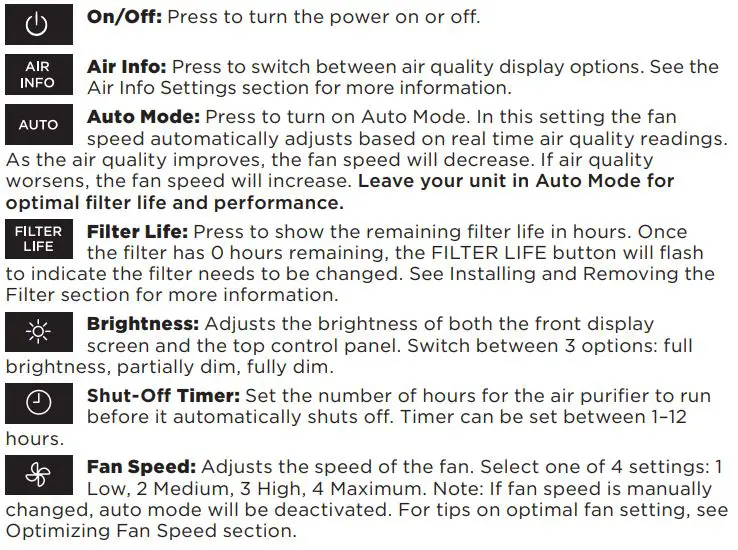 Shark Air Purifier 6 Owner’s Manual - TOP CONTROL PANEL BUTTONS
