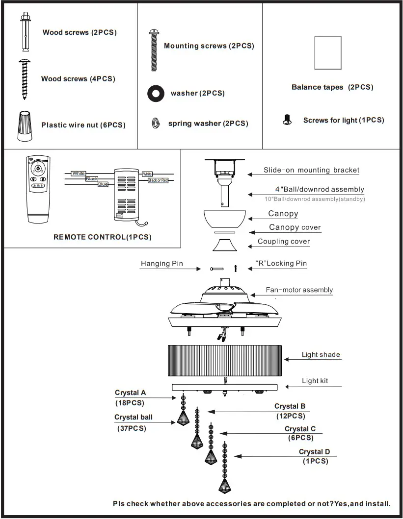 Parrot Uncle F3502110V Retractable Crystal Chandelier Ceiling Fan - Figure 1