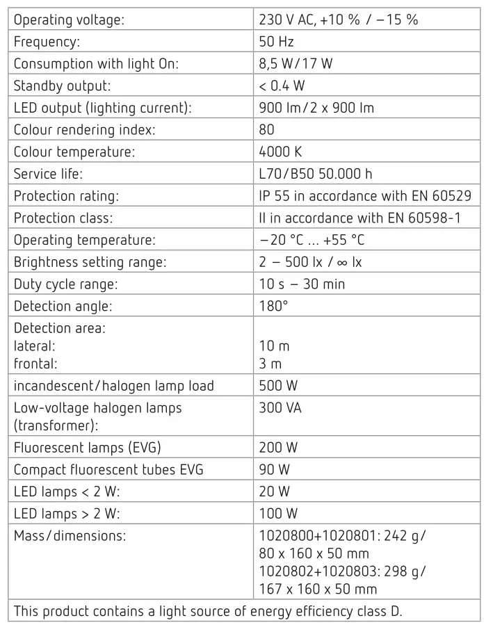 theben theLeda S8-100 WH LED Spotlight with Motion Detector - Technical Data