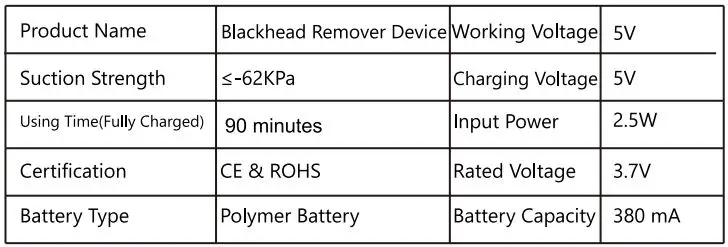Nuaskin Vacuum Pro Blackhead Removal Device User Manual - Product Parameter