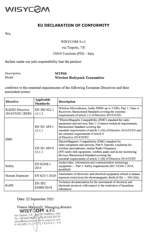 WISYCOM MTP60 Wideband Wireless Professional Pocket Transmitter - figure 11