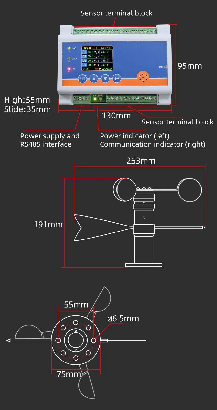 TRANBALL QR3688B 4 Channel Wind Speed and Direction Recorder - Product Size
