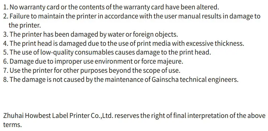 Gprinter CATPR Wireless Thermal Printer User Manual - Non-warranty Clause