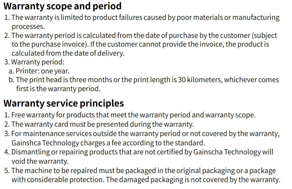 Gprinter CATPR Wireless Thermal Printer User Manual - Warranty clause