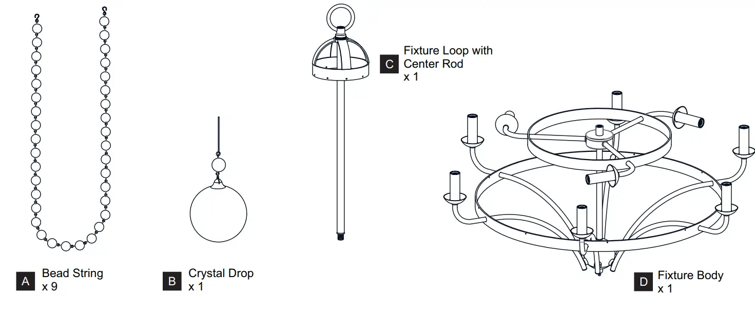 QUOIZEL ADL5030MBK Adelaide 9 Light Chandelier PACKAGE CONTENTS